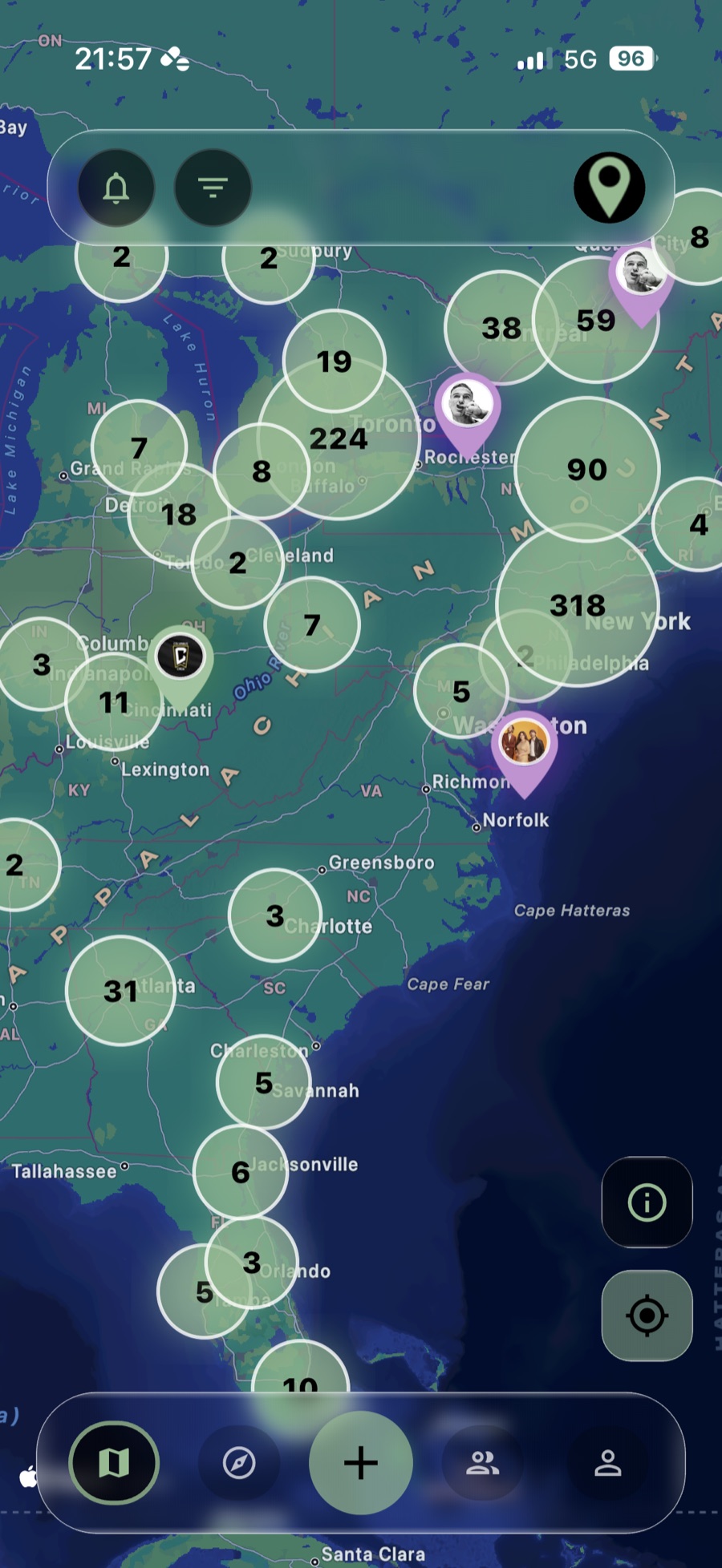 rallyp0int v3 map, event counts clustered across the east coast of North America