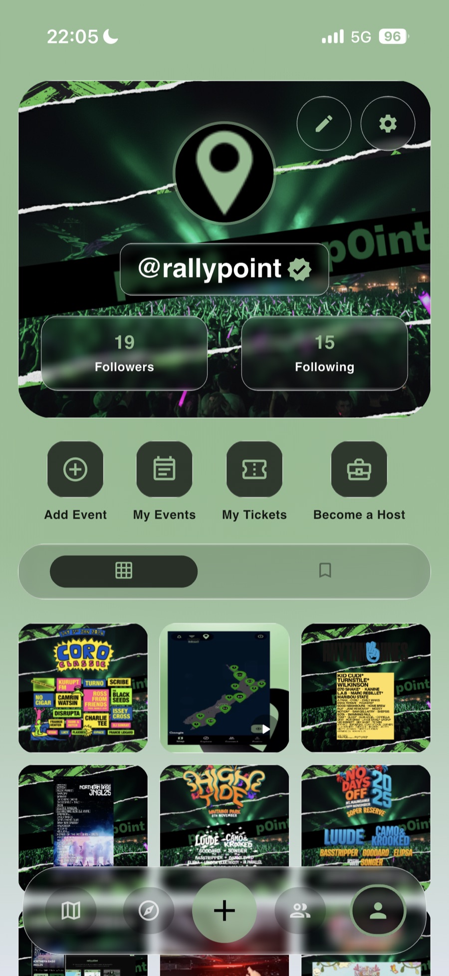 rallyp0int v3 profile, showing add event, my events, my tickets and become a host above a grid of event posters
